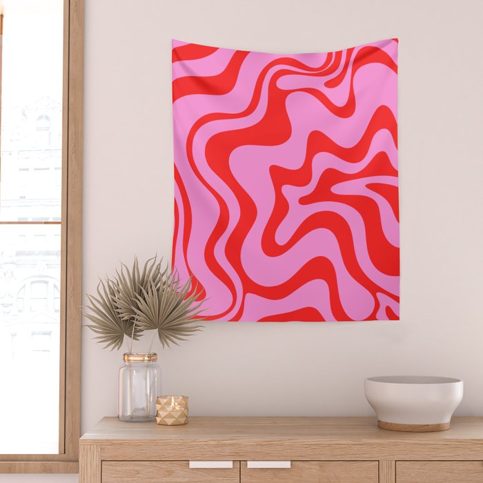 Retro Liquid Swirl Contemporary Abstract in Preppy Pink and Red Wall Tapestry Gallery Image 2