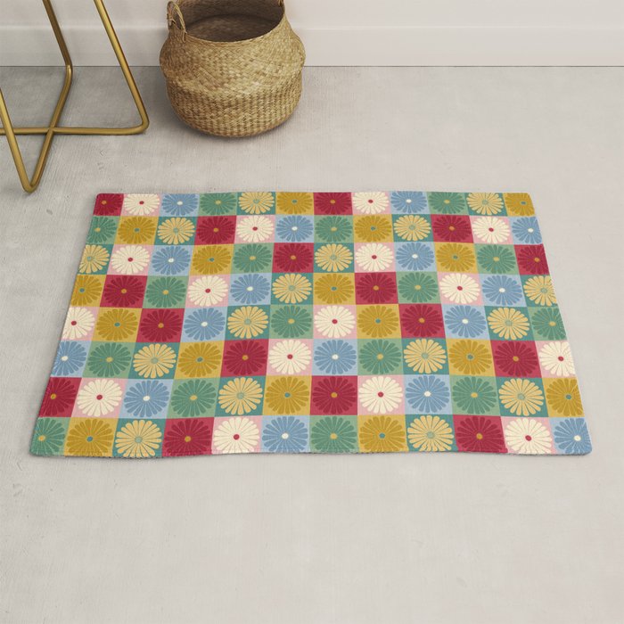Retro Flowers Check Pattern XX Rug Gallery Image 1