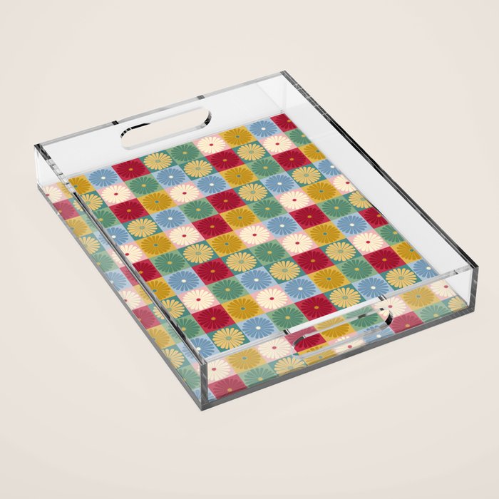Retro Flowers Check Pattern XX Acrylic Tray Gallery Image 1