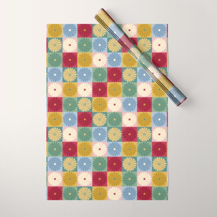 Retro Flowers Check Pattern XX Wrapping Paper Gallery Image 1