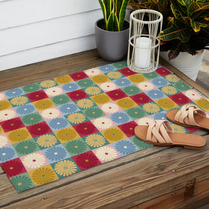 Retro Flowers Check Pattern XX Outdoor Rug Gallery Image 2