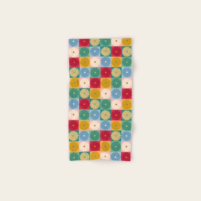 Retro Flowers Check Pattern XX Bath Towel Gallery Image 1