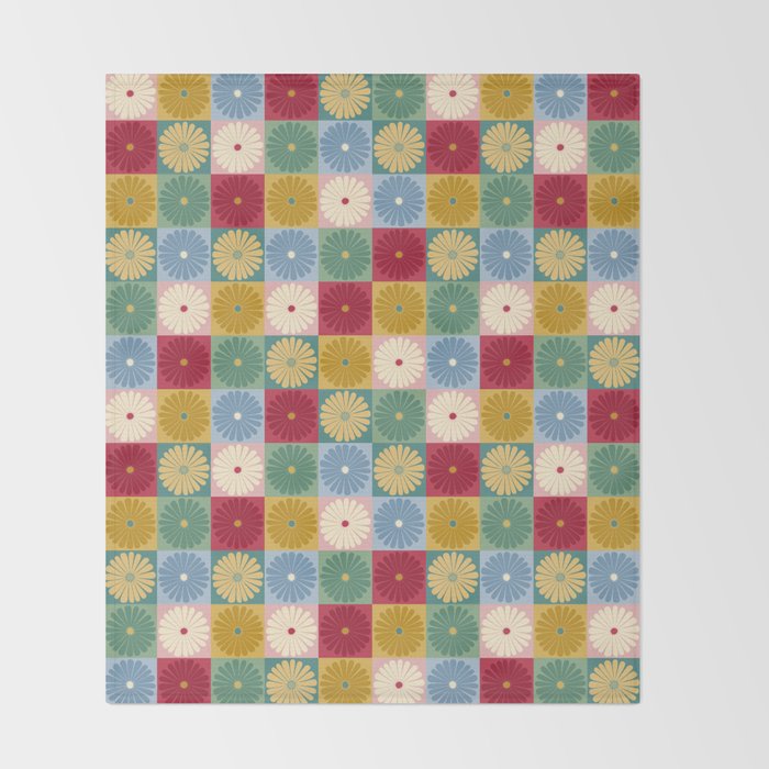 Retro Flowers Check Pattern XX Throw Blanket Gallery Image 2