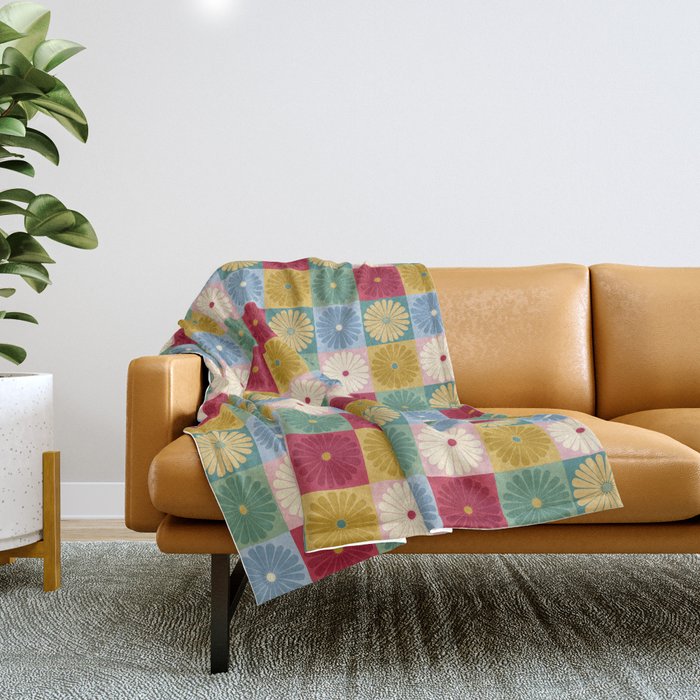 Retro Flowers Check Pattern XX Throw Blanket Gallery Image 1