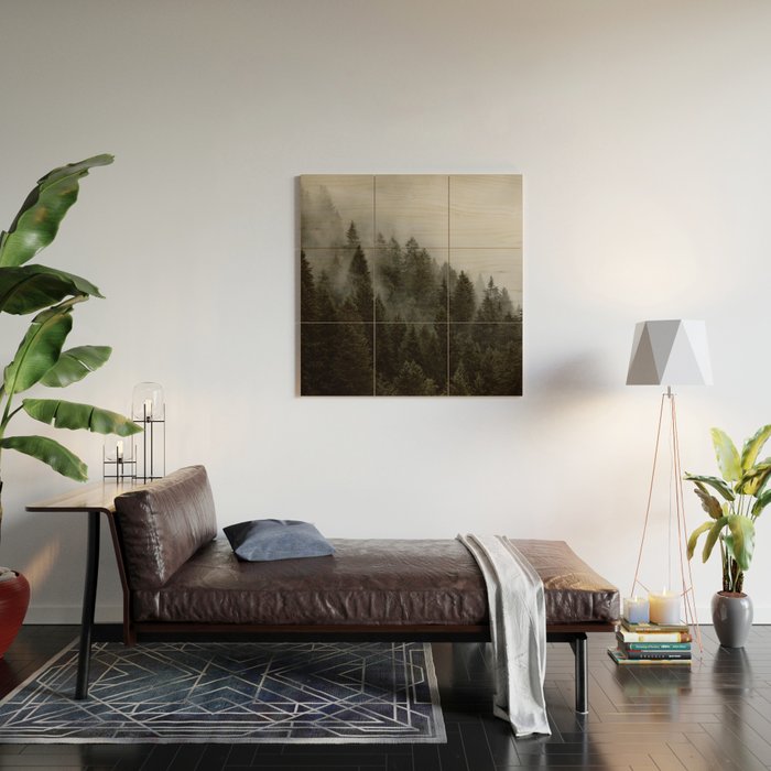 Evergreen Mountain Pines in the Fog Wood Wall Art Gallery Image 2