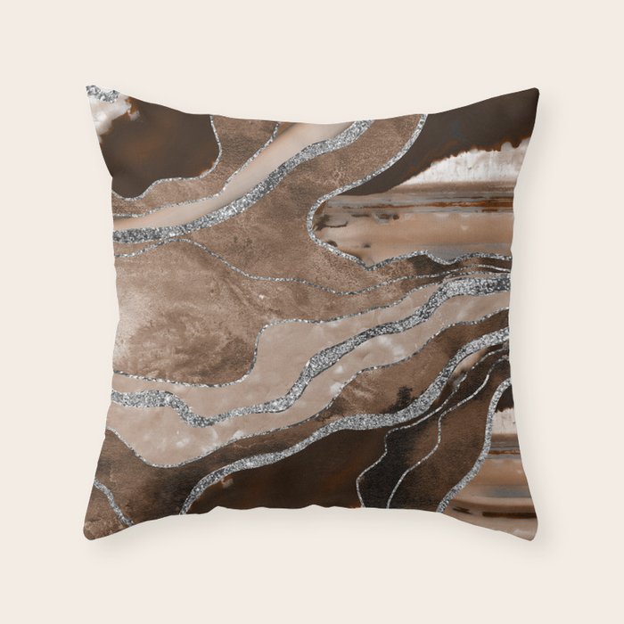 Brown Marble Agate Silver Glitter Glam #1 (Faux Glitter) #decor #art #society6 Throw Pillow Gallery Image 1