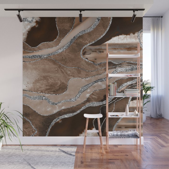 Brown Marble Agate Silver Glitter Glam #1 (Faux Glitter) #decor #art #society6 Wall Mural Gallery Image 1