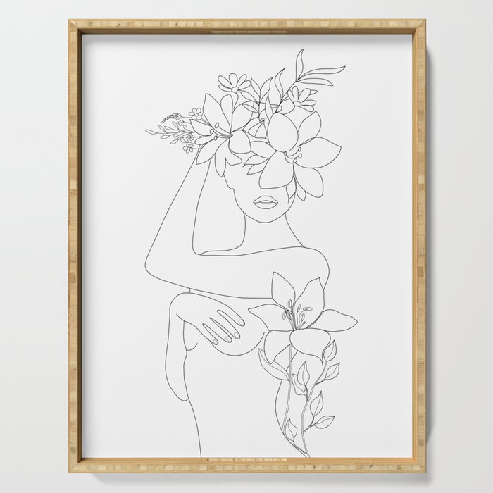 Minimal Line Art Woman with Flowers VI Serving Tray Gallery Image 1