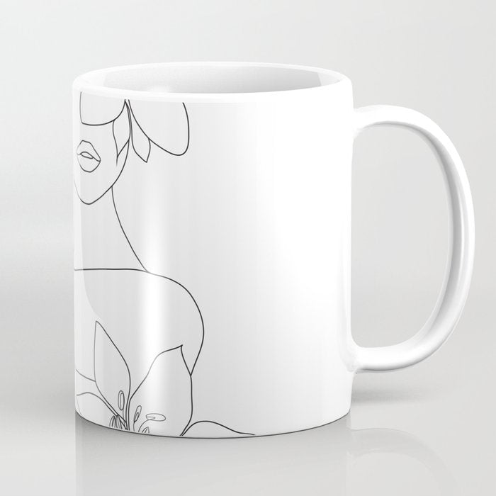 Minimal Line Art Woman with Flowers VI Coffee Mug Gallery Image 1