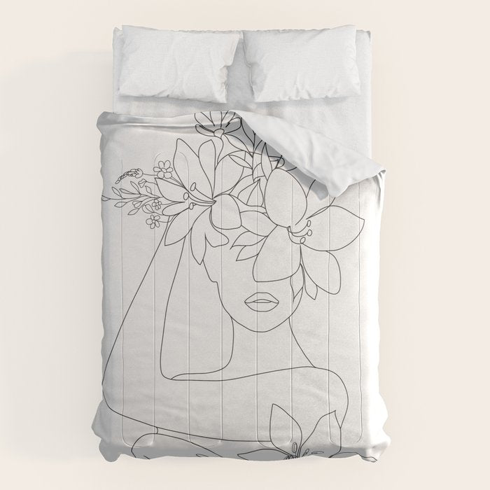 Minimal Line Art Woman with Flowers VI Comforter Gallery Image 6
