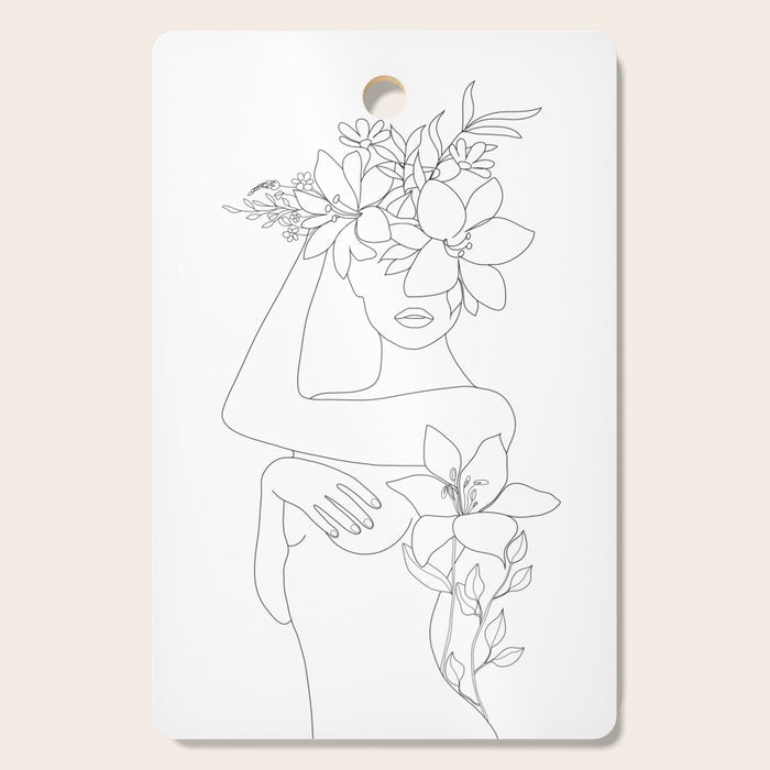 Minimal Line Art Woman with Flowers VI Cutting Board Gallery Image 1