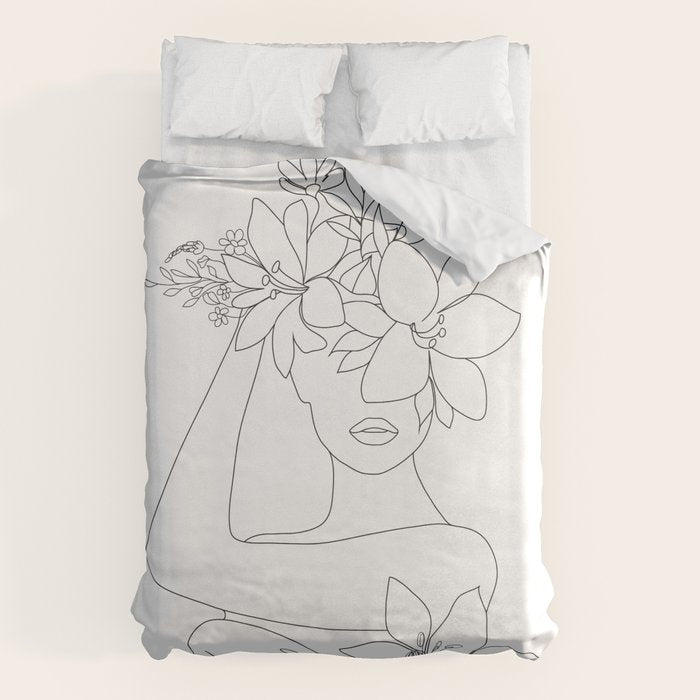 Minimal Line Art Woman with Flowers VI Duvet Cover Gallery Image 1