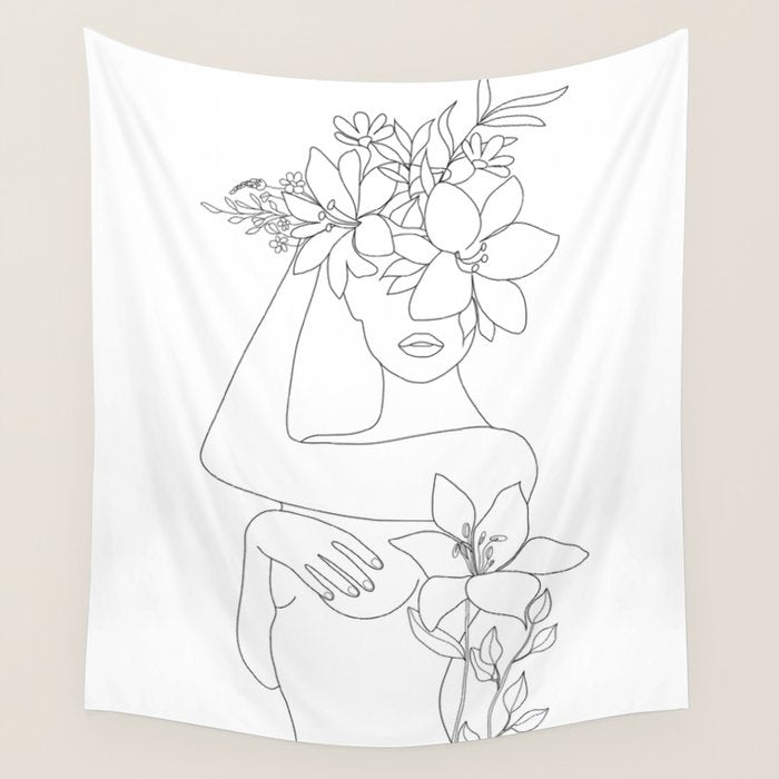 Minimal Line Art Woman with Flowers VI Wall Tapestry Gallery Image 4
