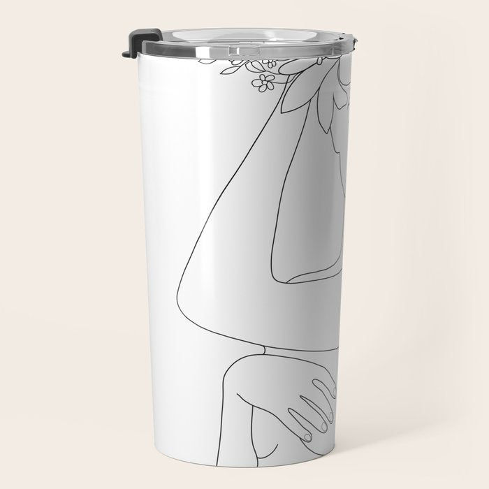 Minimal Line Art Woman with Flowers VI Travel Mug Gallery Image 3