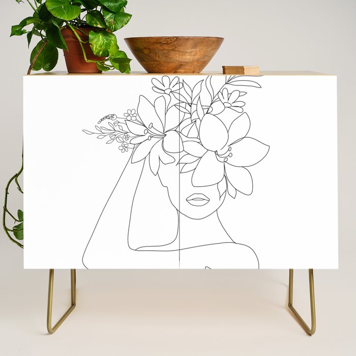 Minimal Line Art Woman with Flowers VI Credenza Gallery Image 1