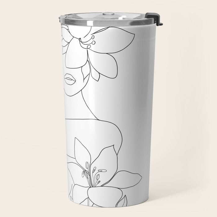 Minimal Line Art Woman with Flowers VI Travel Mug Gallery Image 2