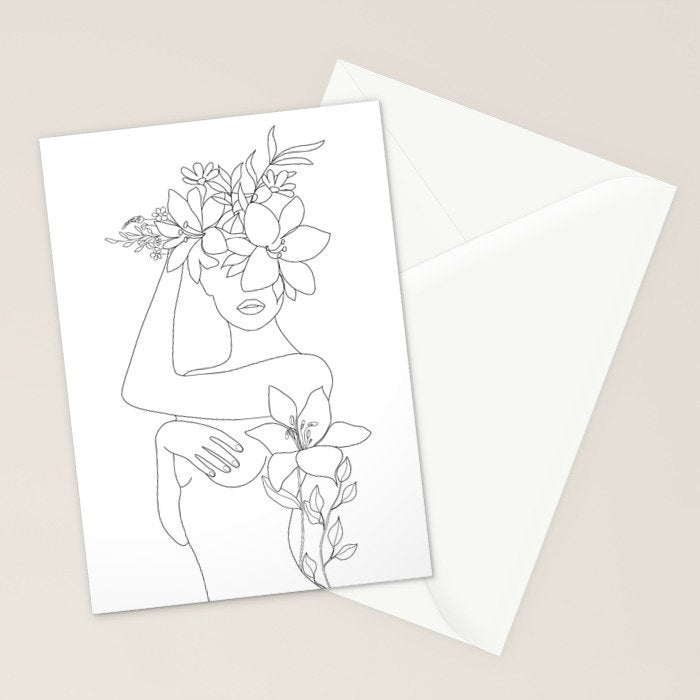 Minimal Line Art Woman with Flowers VI Stationery Card Gallery Image 2