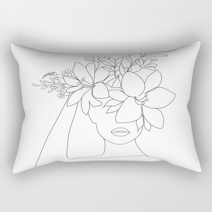 Minimal Line Art Woman with Flowers VI Rectangular Pillow Gallery Image 2