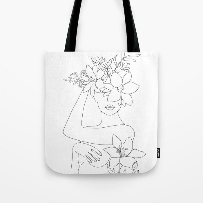 Minimal Line Art Woman with Flowers VI Tote Bag Gallery Image 1