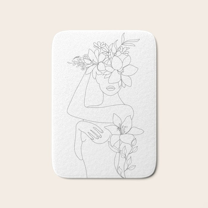 Minimal Line Art Woman with Flowers VI Bath Mat Gallery Image 1