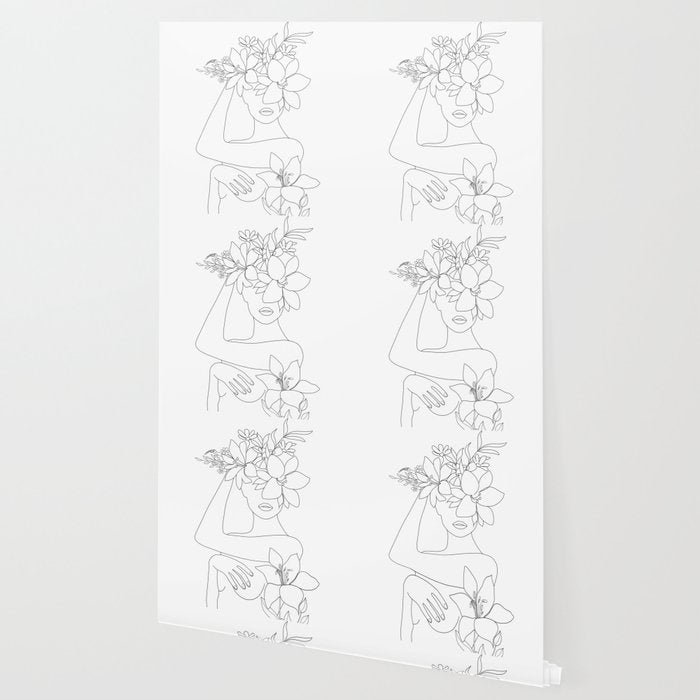 Minimal Line Art Woman with Flowers VI Wallpaper Gallery Image 2