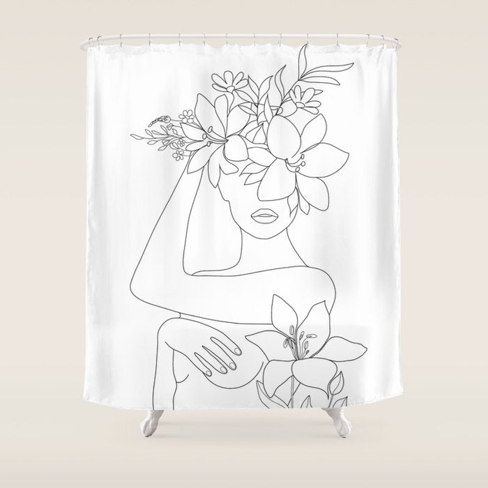 Minimal Line Art Woman with Flowers VI Shower Curtain Gallery Image 1