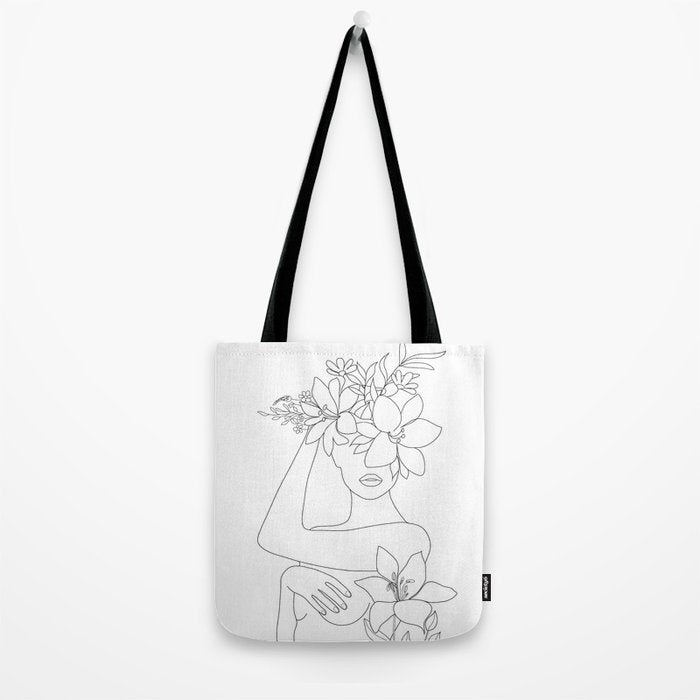Minimal Line Art Woman with Flowers VI Tote Bag Gallery Image 2