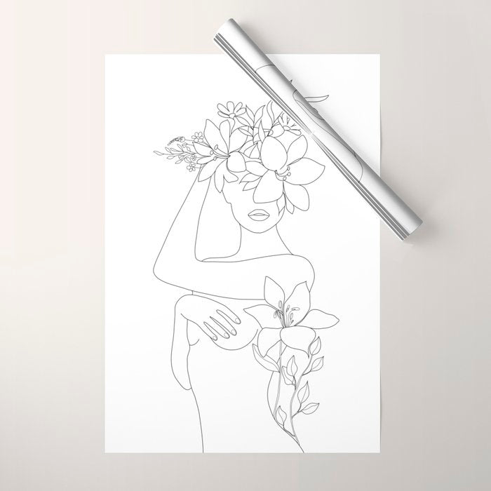 Minimal Line Art Woman with Flowers VI Wrapping Paper Gallery Image 1