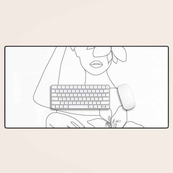 Minimal Line Art Woman with Flowers VI Desk Mat Gallery Image 1