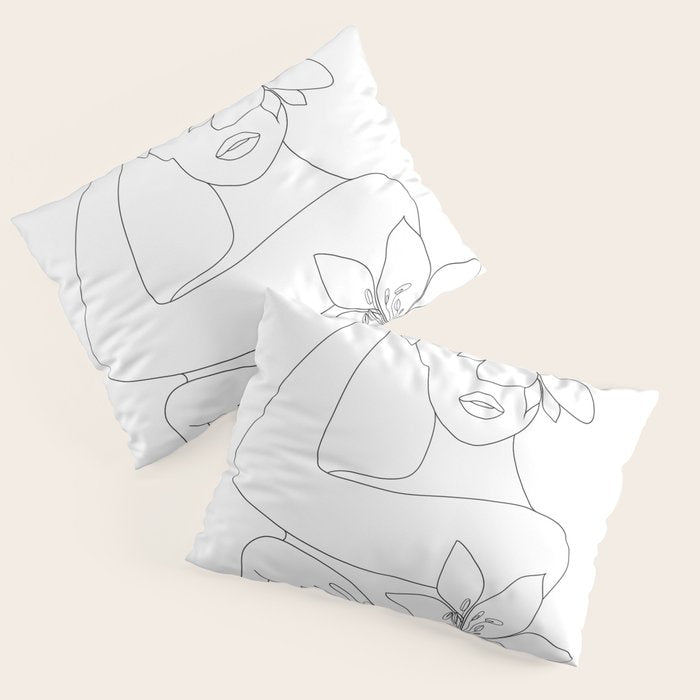 Minimal Line Art Woman with Flowers VI Pillow Sham Gallery Image 3
