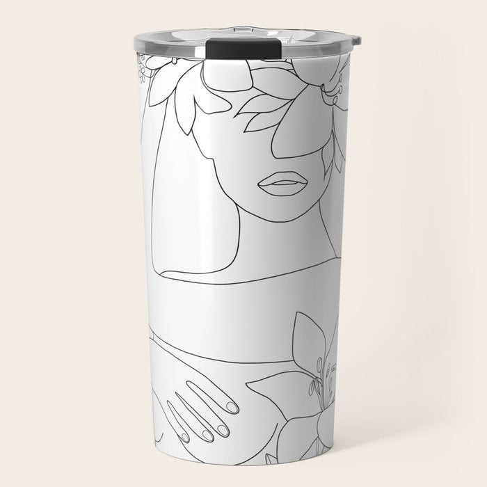 Minimal Line Art Woman with Flowers VI Travel Mug Gallery Image 1