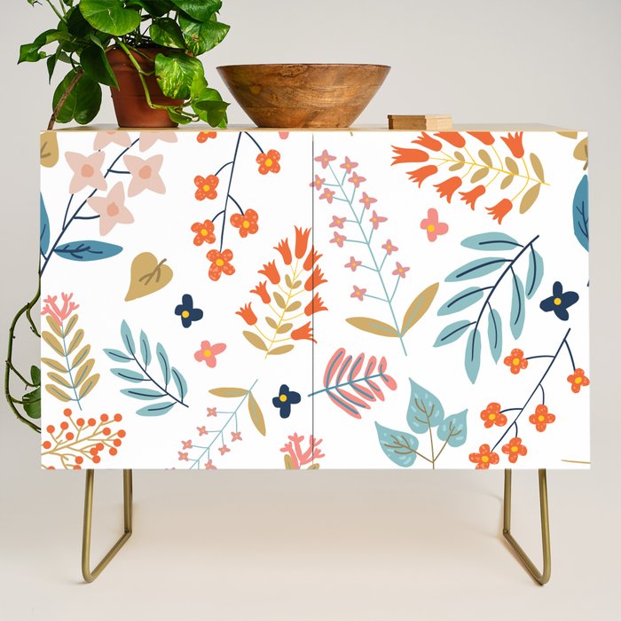 Botanical Harmony | Floral Vintage Plants Colorful Leaves | Autumn Spring Nature Bohemian Chic Credenza Gallery Image 1