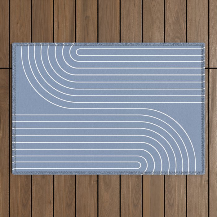 Minimal Line Curvature XIII Natural Blue Mid Century Modern Arch Abstract Outdoor Rug Gallery Image 1