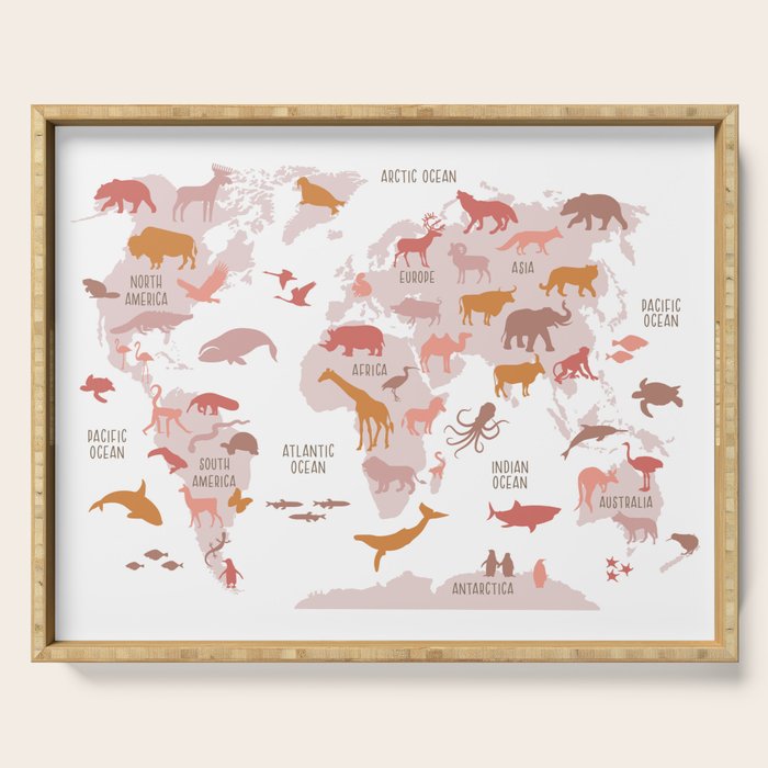 Kids animal world map in shades of pink, blush, rose. Minimalist Scandinavian style Serving Tray Gallery Image 1