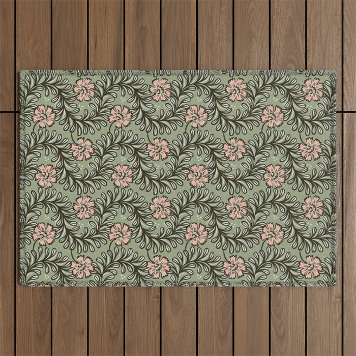 Climbing Leaves Floral Stripe Sage Green and Pink Outdoor Rug Gallery Image 1