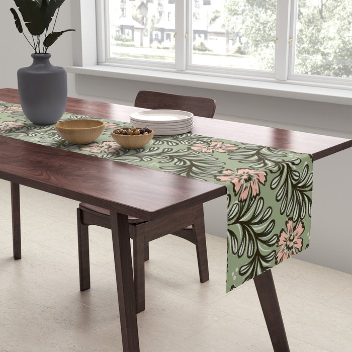 Climbing Leaves Floral Stripe Sage Green and Pink Table Runner Gallery Image 2