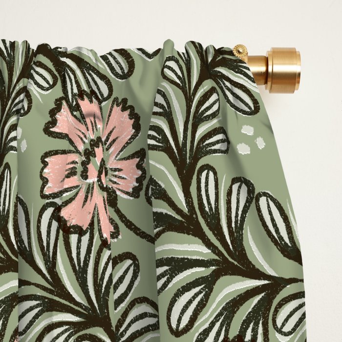Climbing Leaves Floral Stripe Sage Green and Pink Window Curtain Gallery Image 2