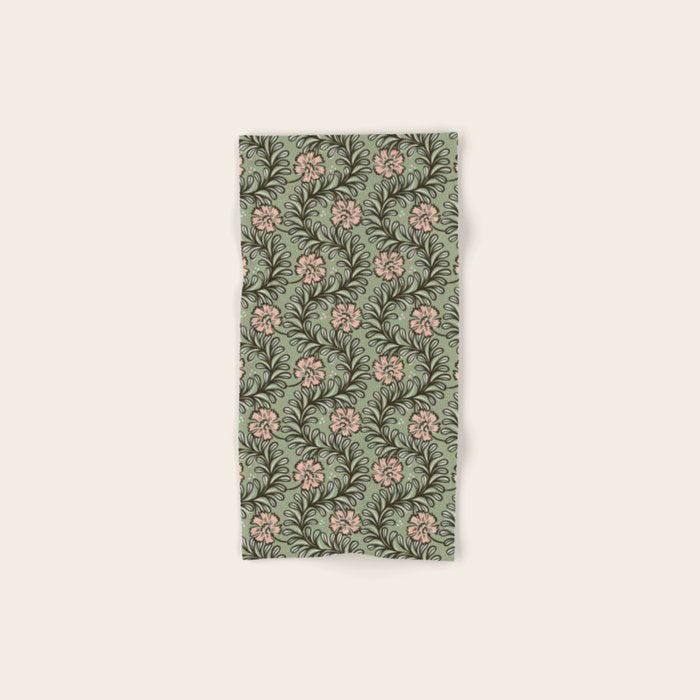 Climbing Leaves Floral Stripe Sage Green and Pink Bath Towel Gallery Image 1