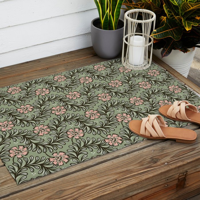 Climbing Leaves Floral Stripe Sage Green and Pink Outdoor Rug Gallery Image 2