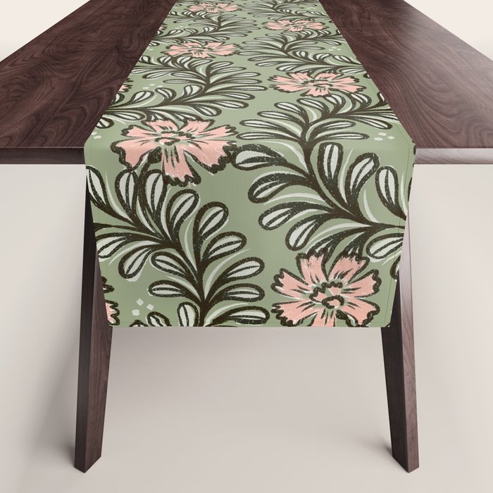 Climbing Leaves Floral Stripe Sage Green and Pink Table Runner Gallery Image 1