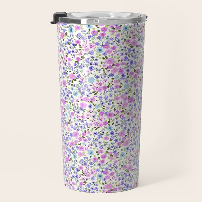 Retro Lilac Ditsy Cottage Garden Floral Travel Mug Gallery Image 3