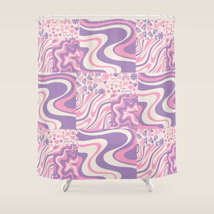 Trippy Patchwork Collage Retro Aesthetic Abstract Pattern Pink and Purple Shower Curtain Gallery Image 1