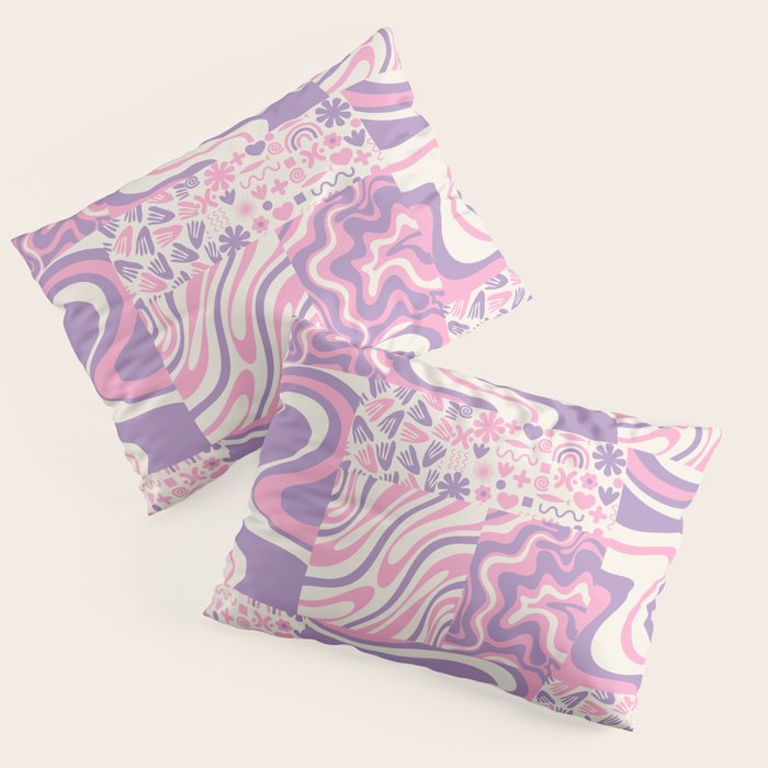 Trippy Patchwork Collage Retro Aesthetic Abstract Pattern Pink and Purple Pillow Sham Gallery Image 3