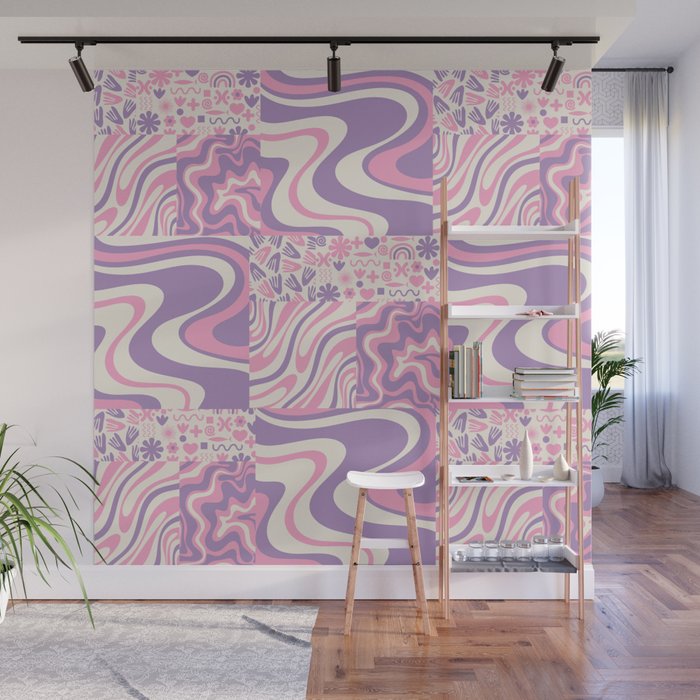 Trippy Patchwork Collage Retro Aesthetic Abstract Pattern Pink and Purple Wall Mural Gallery Image 1