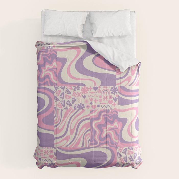 Trippy Patchwork Collage Retro Aesthetic Abstract Pattern Pink and Purple Comforter Gallery Image 6