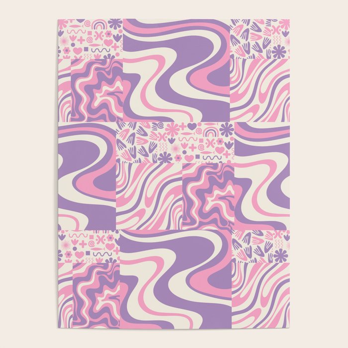 Trippy Patchwork Collage Retro Aesthetic Abstract Pattern Pink and Purple Poster Gallery Image 4