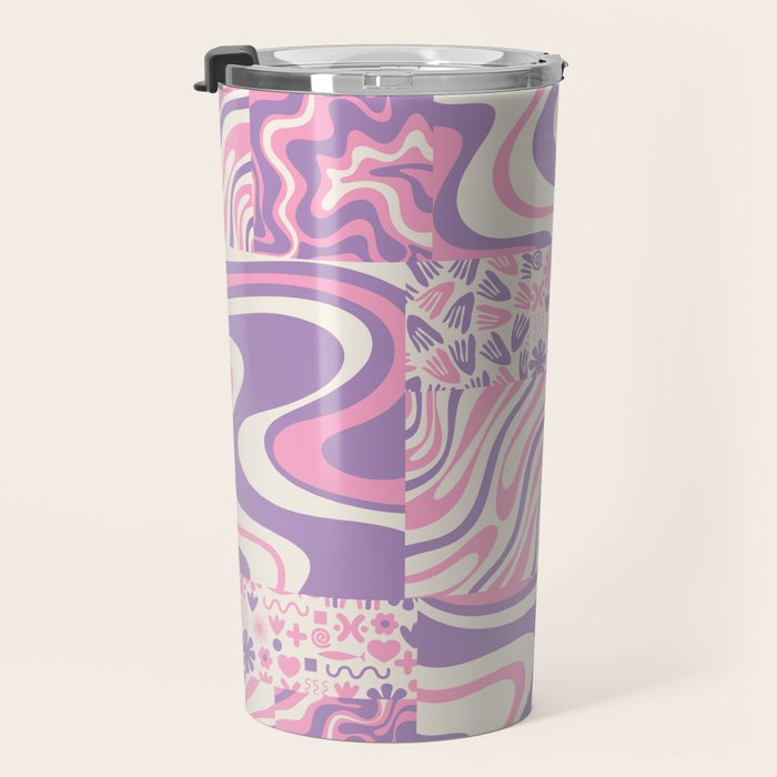 Trippy Patchwork Collage Retro Aesthetic Abstract Pattern Pink and Purple Travel Mug Gallery Image 3