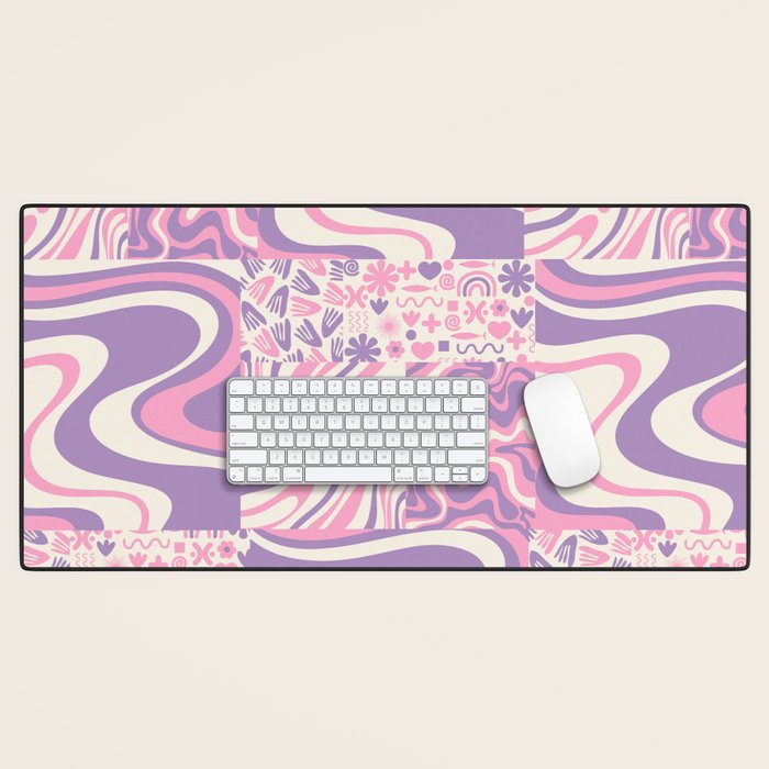 Trippy Patchwork Collage Retro Aesthetic Abstract Pattern Pink and Purple Desk Mat Gallery Image 1