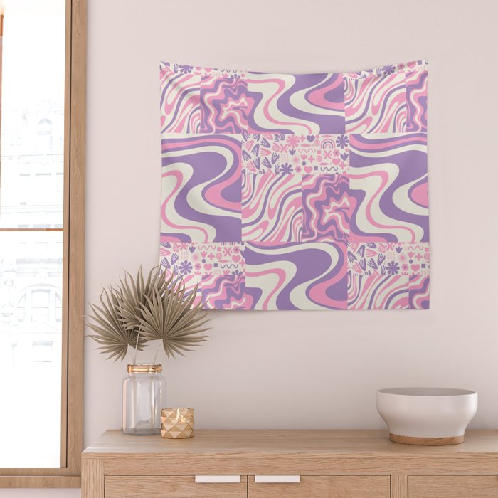 Trippy Patchwork Collage Retro Aesthetic Abstract Pattern Pink and Purple Wall Tapestry Gallery Image 2