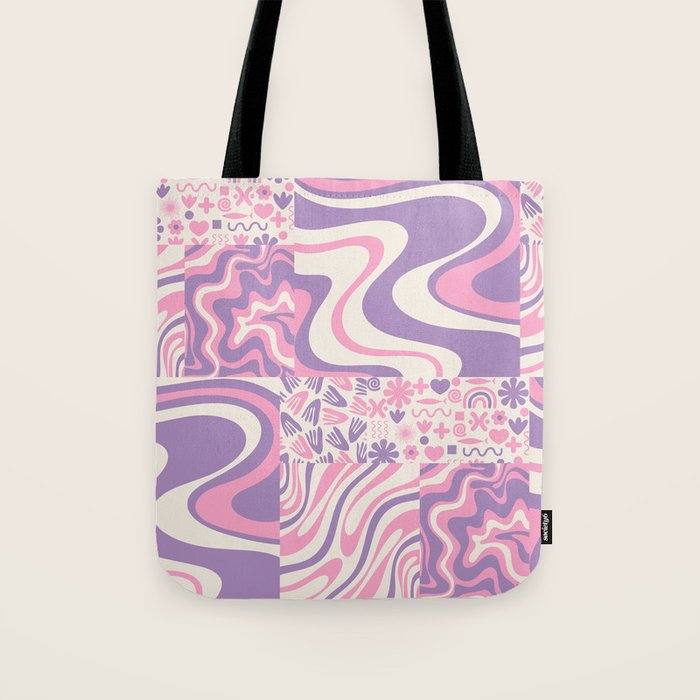 Trippy Patchwork Collage Retro Aesthetic Abstract Pattern Pink and Purple Tote Bag Gallery Image 1